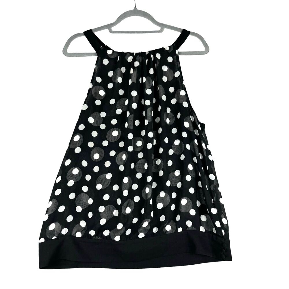 Ann Taylor Top Women's 16 Black White Polka Dot Sleeveless High Neck Silk Blouse